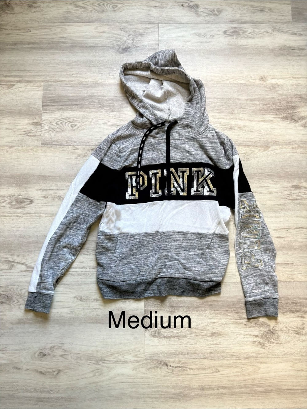 PINK Victoria's Secret Gray, White & Black Hooded Pullover Sweater